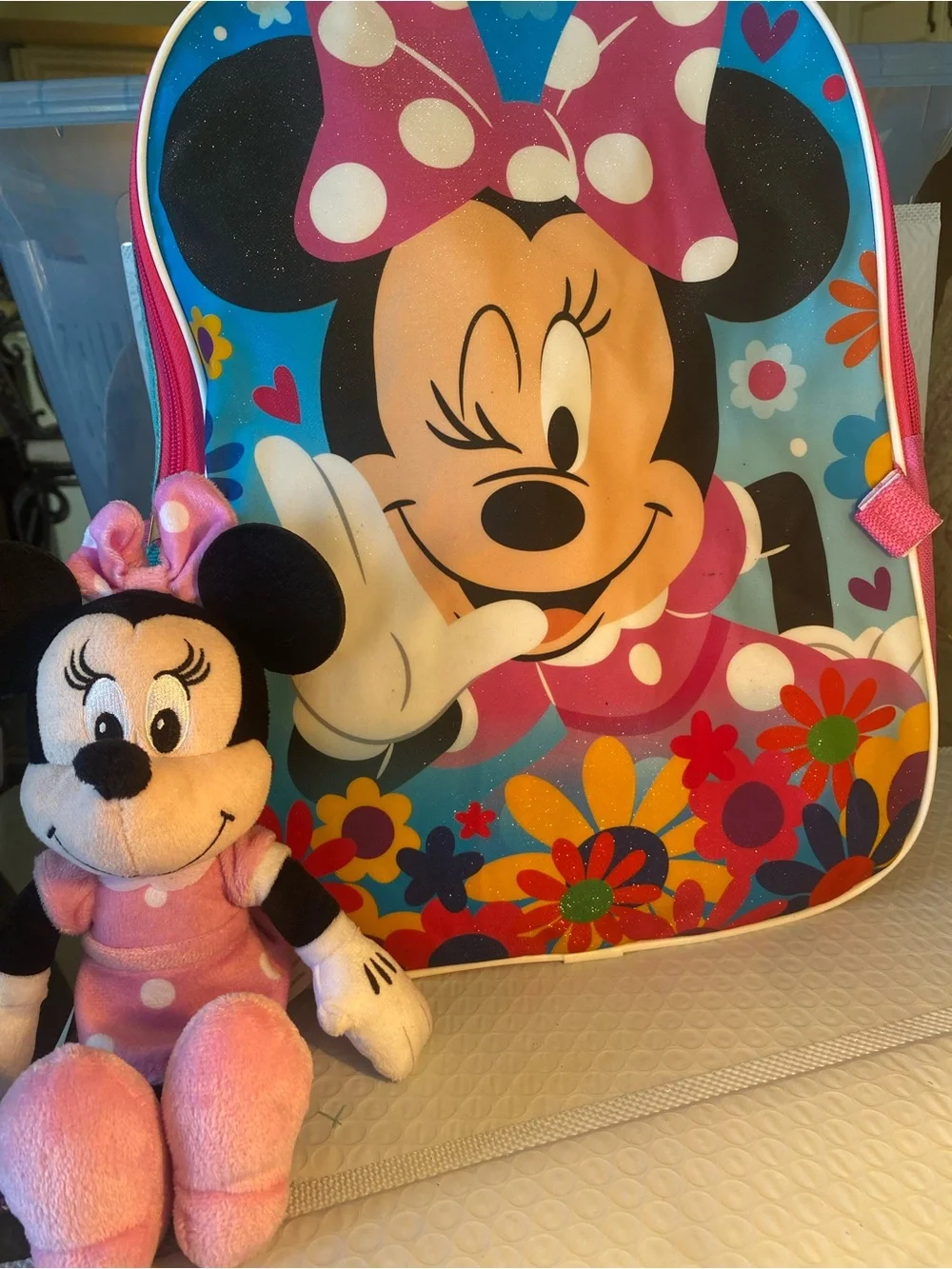 Disney Minnie Mouse Pink Plush Toy and Floral Backpack Set. 2 peace bundle.